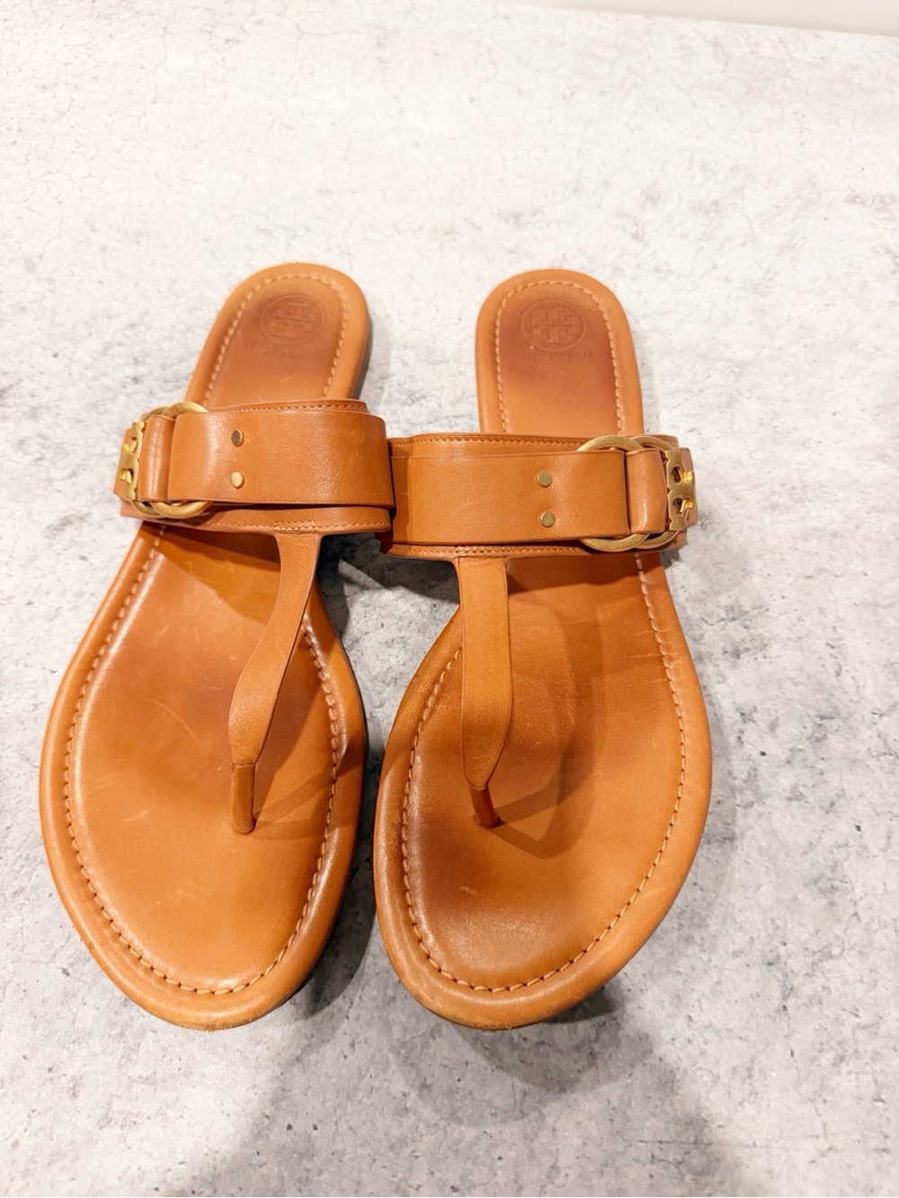 Tory Burch Masden Thong sandals Tan Cognac Leather Size 12 *